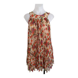 Free People Sz Small Halter Shift Mini Dress Tan Floral Crepe Pleated Sleeveless